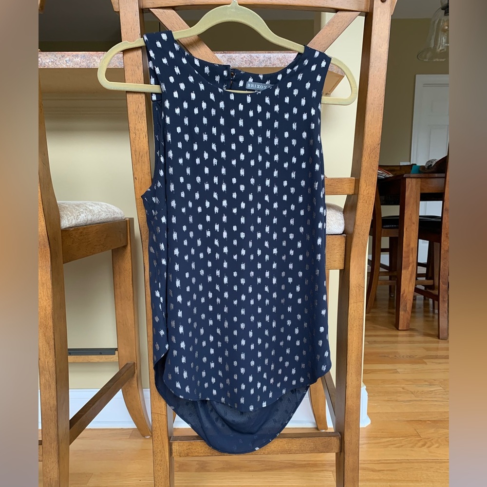 Brixon Ivy navy blue tank top with silver accent pattern. Scoop open back